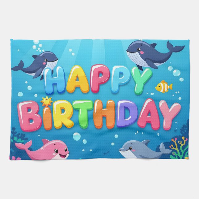 Cute Happy Birthday nautical dolphin Kökshandduk (Horisontell)