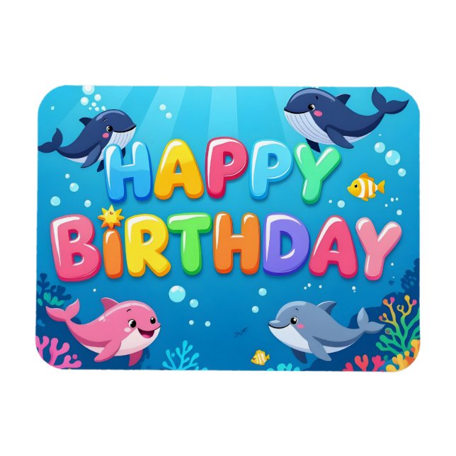 Cute Happy Birthday nautical dolphin Magnet (Horisontell)