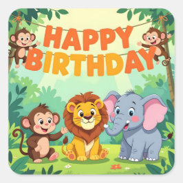 Cute Happy Birthday safari theme Fyrkantigt Klistermärke