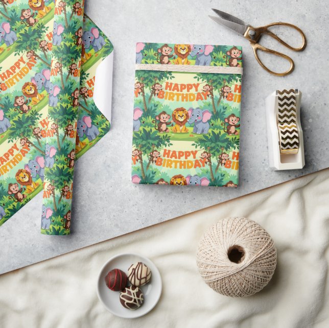Cute Happy Birthday safari theme Presentpapper (Hantverk)