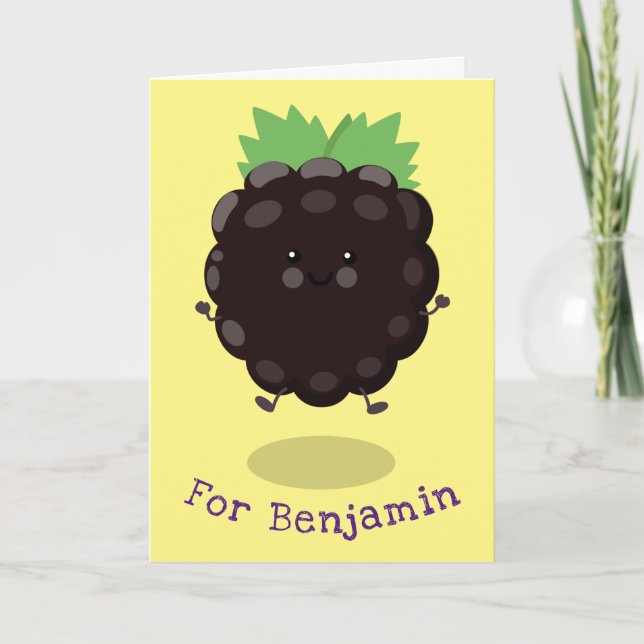 Cute happy blackberry purple cartoon illustration kort (Framsida)