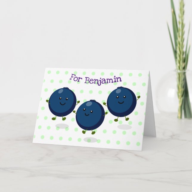 Cute happy blueberries purple cartoon illustration kort (Framsida)