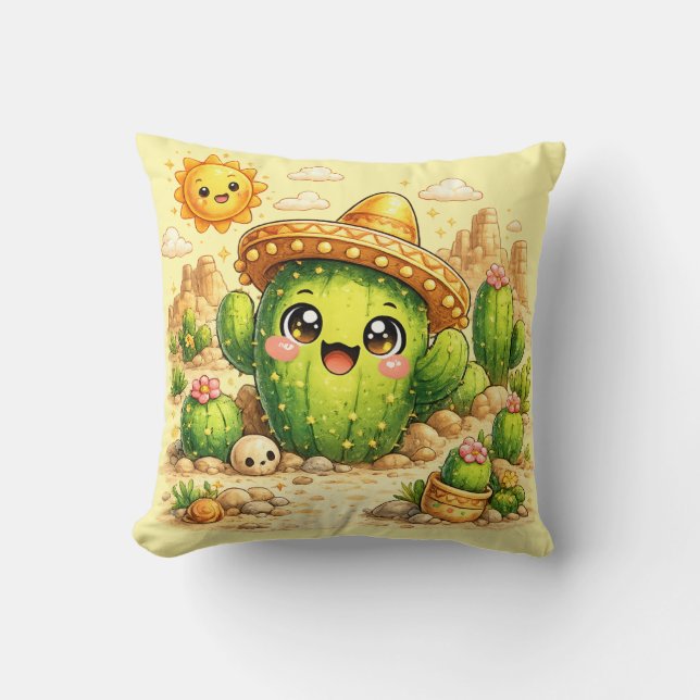 Cute Happy Cactus Kawaii Cushion Pillow Kudde (Framsida)
