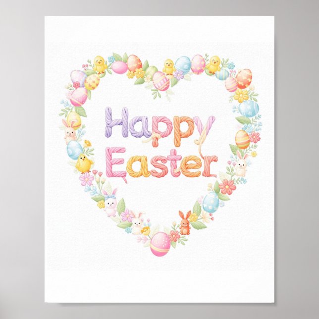 Cute Happy Easter Bunny & Chick Heart  Poster (Framsidan)
