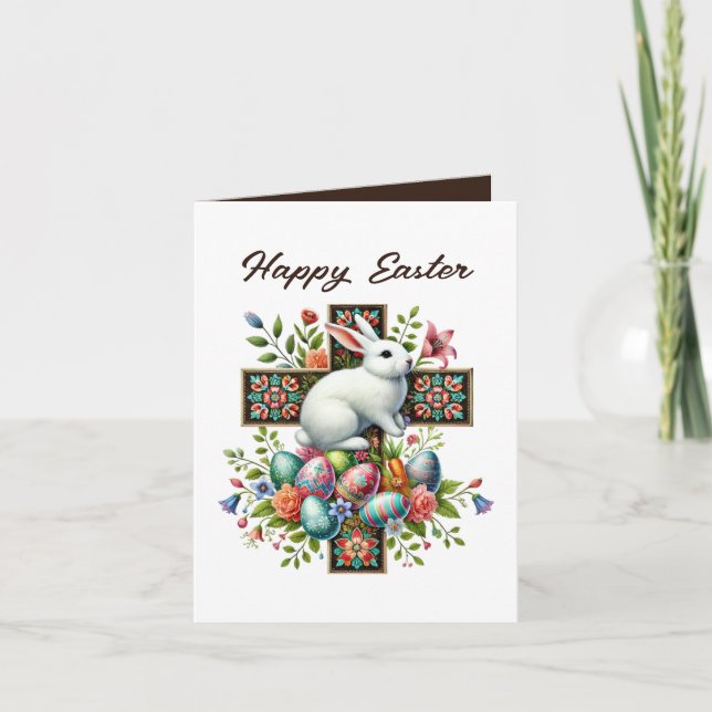 Cute Happy Easter bunny Cross add inside message  Helgkort (Framsida)