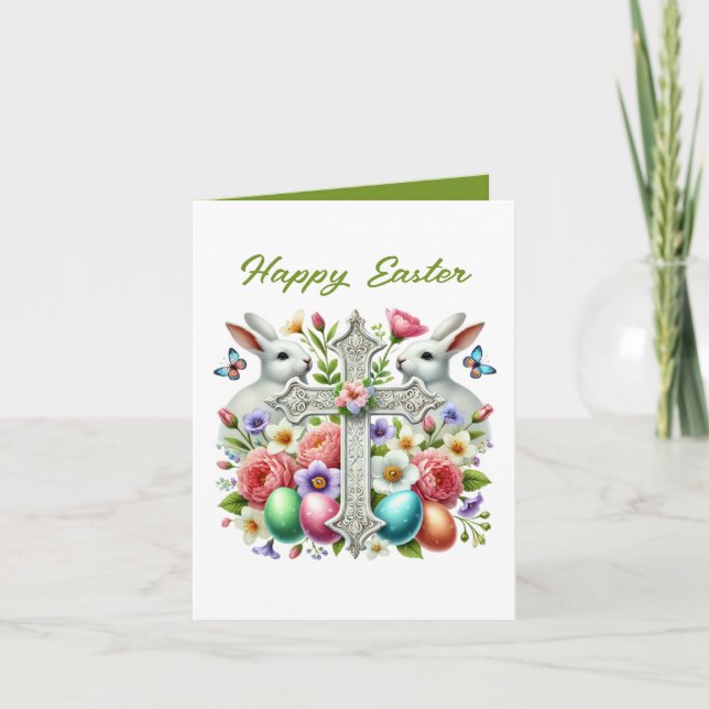 Cute Happy Easter bunny Cross add inside message Helgkort (Framsida)