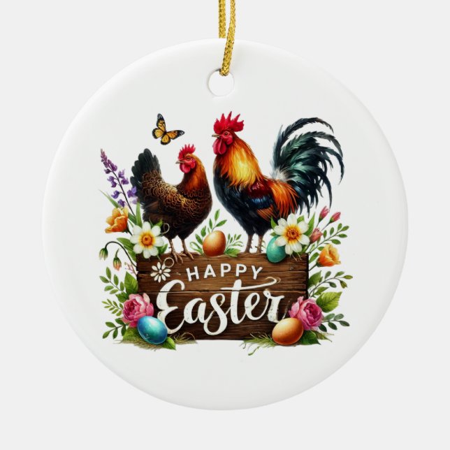Cute Happy Easter customizable Rooster Julgransprydnad Keramik (Framsidan)