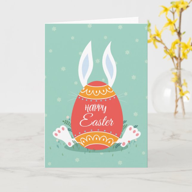 Cute Happy Easter Greeting Card with Bunny and Col Kort (Gul blomma)