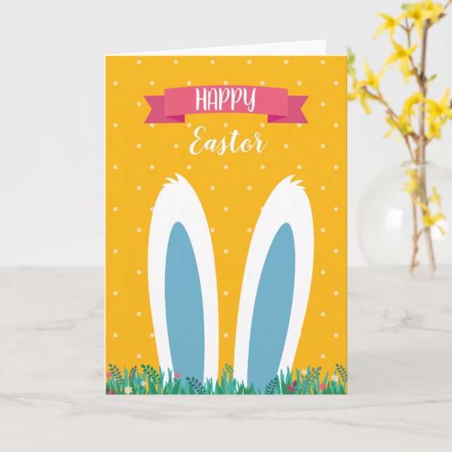 Cute Happy Easter Greeting Card with Bunny  Kort (Gul blomma)