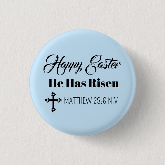 Cute Happy Easter He Has Risen Bible Verse Blue Knapp (Framsida)