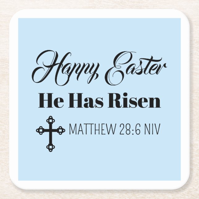Cute Happy Easter He Has Risen Bible Verse Blue Underlägg Papper Kvadrat (Framsidan)