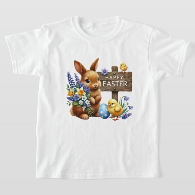 Cute Happy Easter unisex kids bunny T Shirt (Laydown)