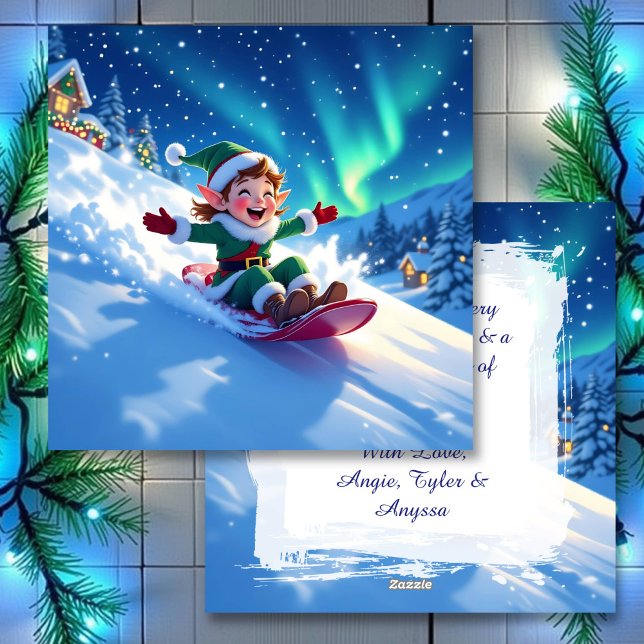 Cute Happy Elf Sledding | Personalized Christmas Julkort (Skapare uppladdad)