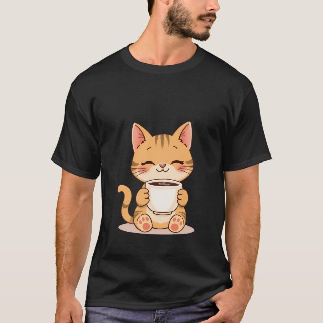 Cute Happy Ginger Cat Sips Warm Coffee Mug ✨🐾☕ T Shirt (Framsida)