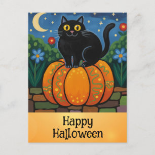 Cute Happy halloween Black Cat Orange Pumpkin Vykort