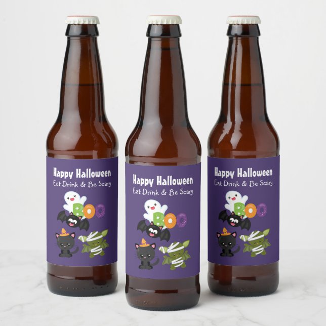 Cute Happy halloween Cat, Fladdermus, Mummy och Gh Ölflaska Etikett (Flaskor)