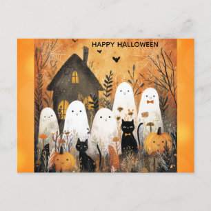 Cute Happy halloween Ghost Black Cat Pumpkin Vykort