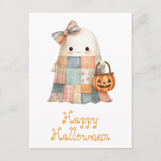 Cute Happy halloween Ghost Bus eller godis Pumpkin Vykort (Framsida)