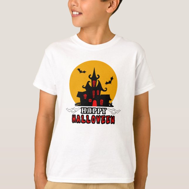 Cute Happy halloween Ghost House T-Shirt (Framsida)