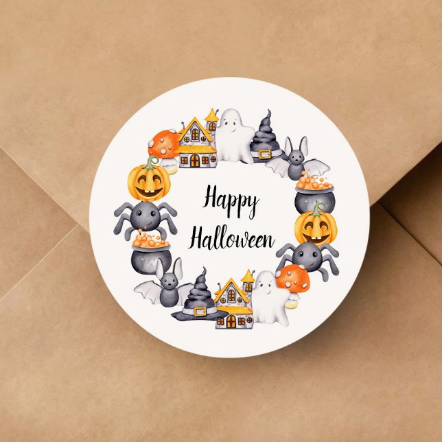 Cute Happy halloween Illustration Runt Klistermärke (Cute Happy Halloween Illustration Classic Round Sticker)