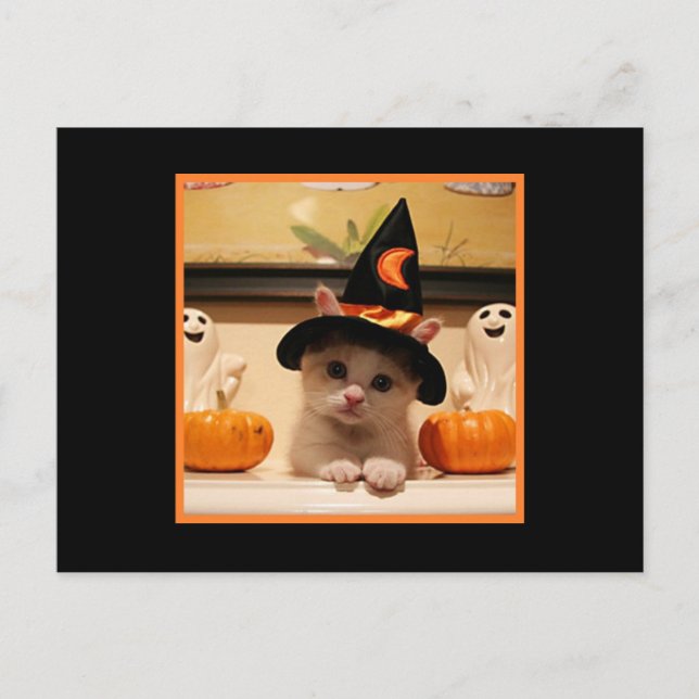Cute Happy halloween Kattunge och Witch Hat Vykort (Framsida)