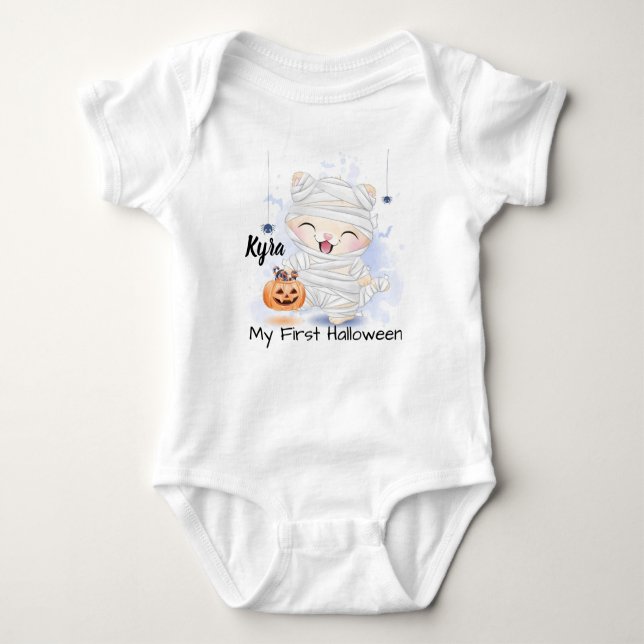 Cute Happy halloween Mummy Kitten och Pumpkin T Shirt (Framsida)