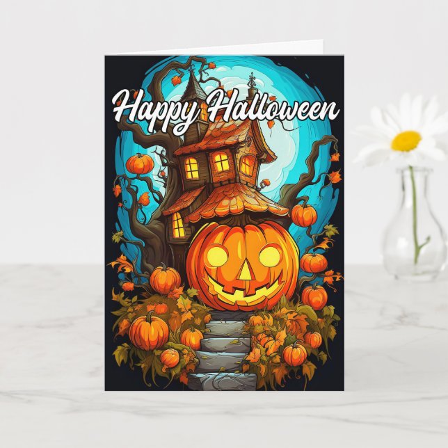 Cute Happy halloween Pumpkin & Haunted House Kort (Liten växt)