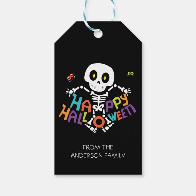 Cute Happy halloween Skeleton Personlig Namn Presentetikett (Framsidan)