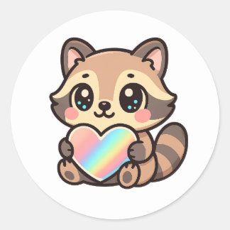 Cute Happy Kawaii Raccoon with Rainbow Heart Runt Klistermärke