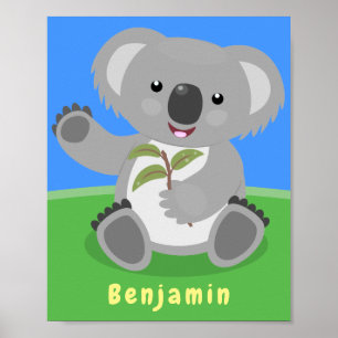 Cute happy koala waving cartoon illustration poster
