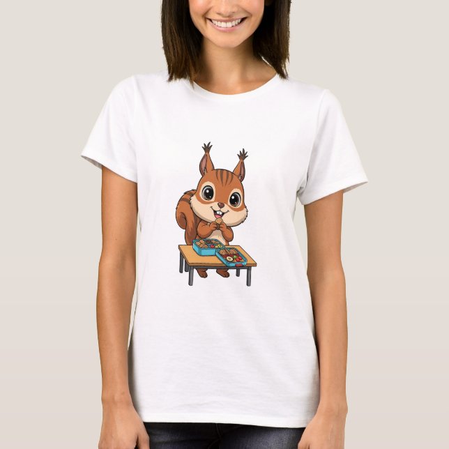 Cute Happy Squirrel Eating Lunch From Bento Boxes T Shirt (Framsida)