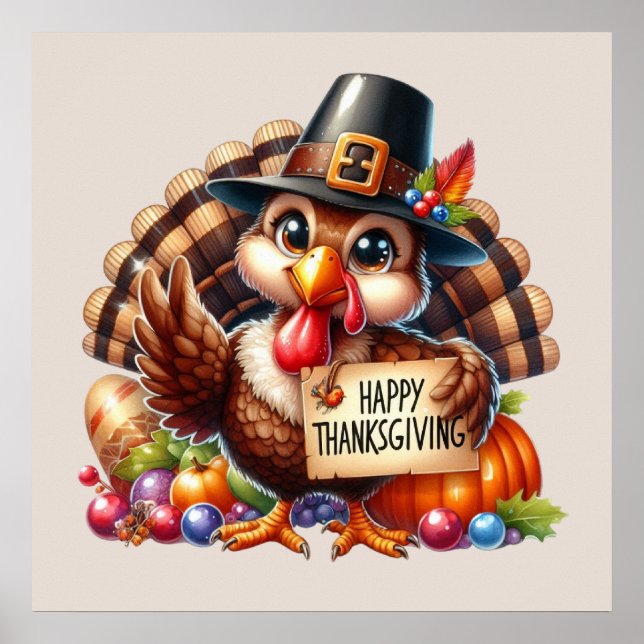 Cute Happy thanksgiving kalkon Poster (Framsidan)
