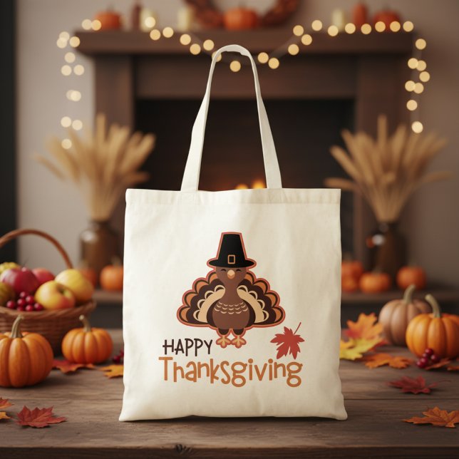 Cute Happy thanksgiving Pilgrim Turkiet Tygkasse (Cute Happy Thanksgiving Pilgrim Turkey Tote Bag)