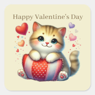 Cute Happy Valentine Day cat Fyrkantigt Klistermärke