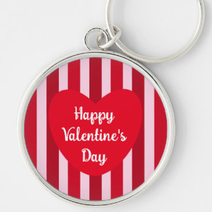 Cute Happy Valentines Day Red Stripe enkel Rund Silverfärgad Nyckelring