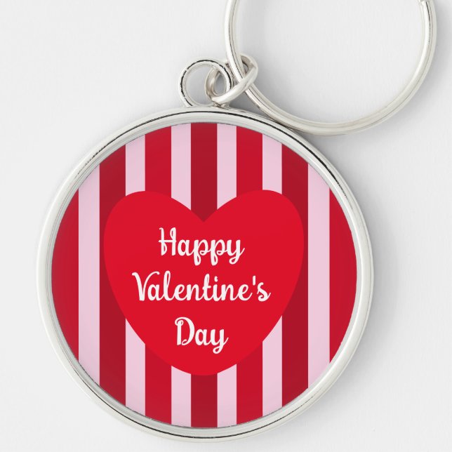Cute Happy Valentines Day Red Stripe enkel Rund Silverfärgad Nyckelring (Framsidan)