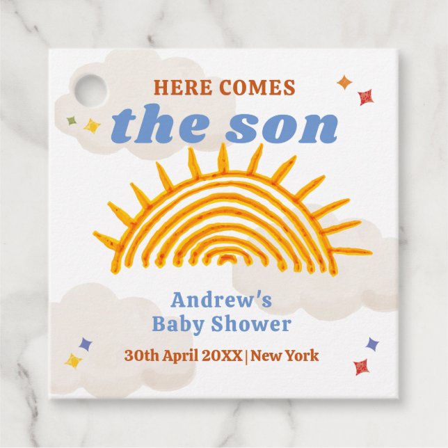 Cute här kommer Son Sunshine Baby Shower Gåvor Etiketter (Framsida)