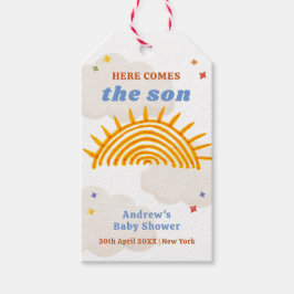 Cute här kommer Son Sunshine Baby Shower Presentetikett