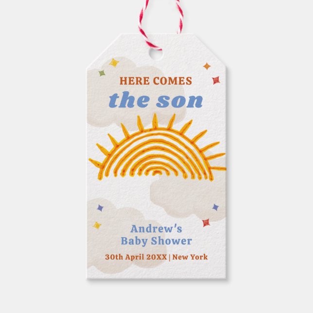 Cute här kommer Son Sunshine Baby Shower Presentetikett (Framsidan)