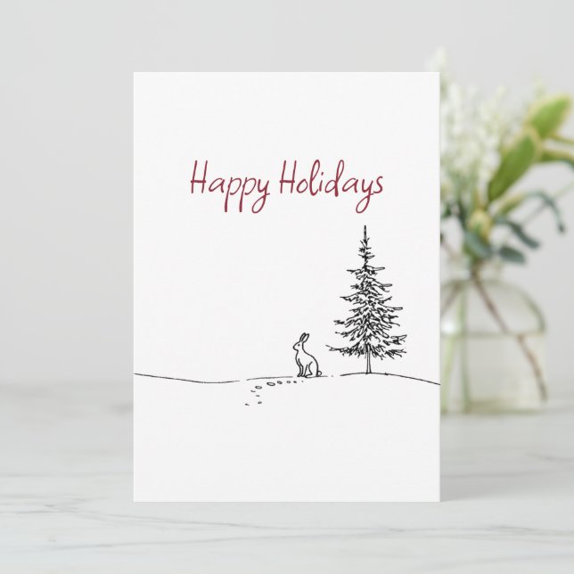 Cute Hare and Tree Line Art Festive Christmas  Julkort (Stående Fram)