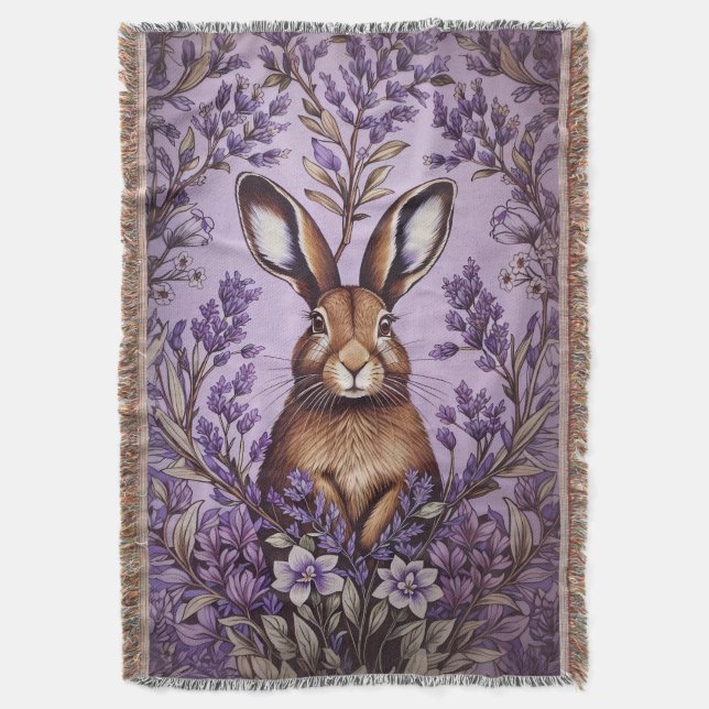 Cute Hare med Lavender William Morris inspirerad Filt (Framsidan Vertikal)