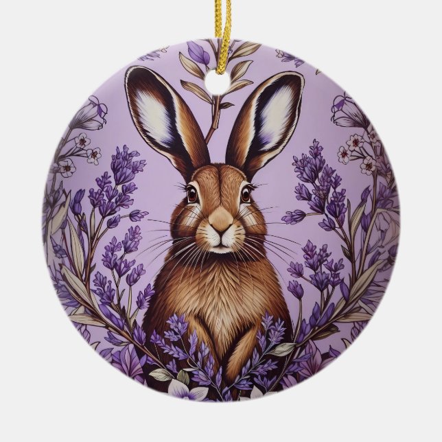Cute Hare med Lavender William Morris inspirerad Julgransprydnad Keramik (Framsidan)