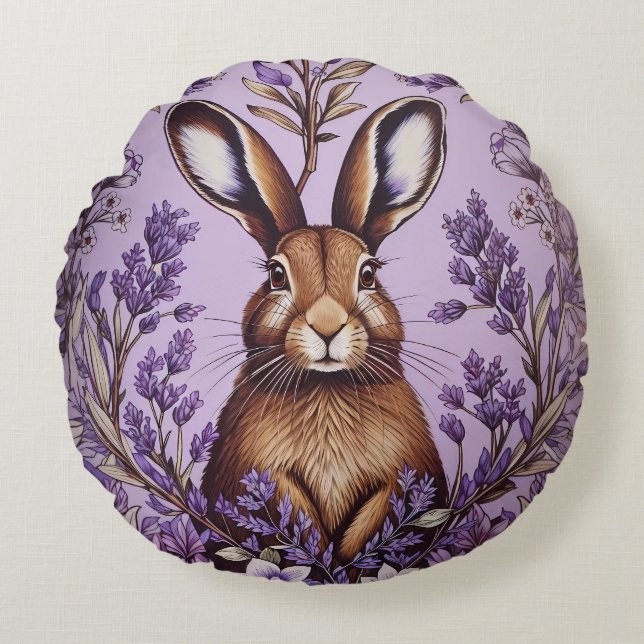 Cute Hare med Lavender William Morris inspirerad Rund Kudde (Framsidan)