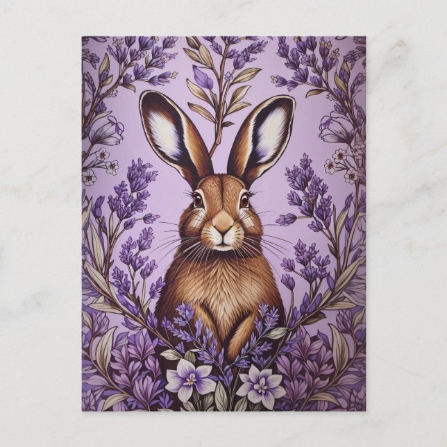 Cute Hare med Lavender William Morris inspirerad Vykort (Framsida)