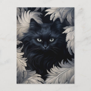 Cute Hårig Black Cat, omgiven av vita fjädrar Vykort