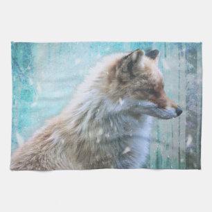 Cute Hårig Fox på Blue Grunge Background Kökshandduk