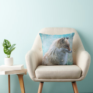 Cute Hårig Fox på Blue Grunge Background Kudde
