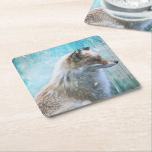 Cute Hårig Fox på Blue Grunge Background Underlägg Papper Kvadrat