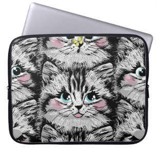 Cute hårig kitten ansikte sömlös mönster. Illustra Laptop Fodral