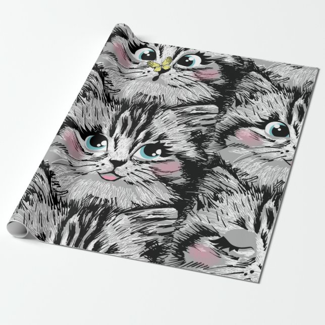 Cute hårig kitten ansikte sömlös mönster. Illustra Presentpapper (Utrullad)